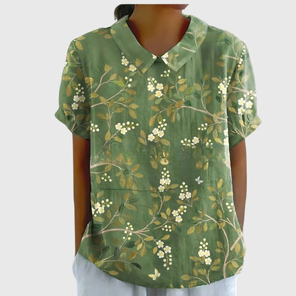 Jenna | Short Sleeve Floral Print Collared Relaxed Linen Blouse