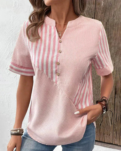 Monroe | Short Sleeve Striped Colorblock Stand Collar Relaxed Top