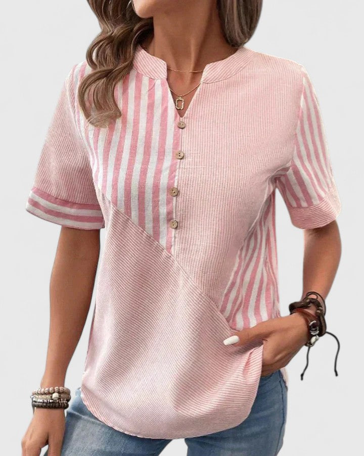 Gigi | Short Sleeve Striped Colorblock Stand Collar Casual Blouse