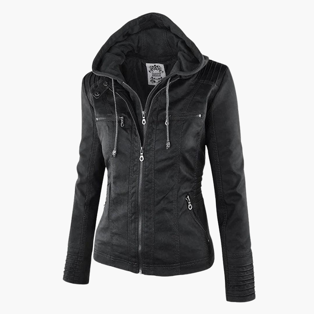 Harlow | Women's Faux Leather Hooded Zip-Up Moto Jacket
