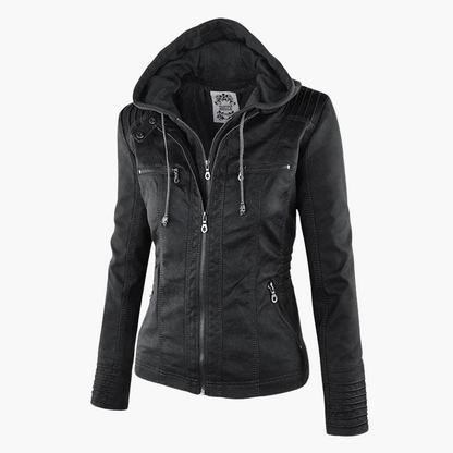 Harlow | Women's Faux Leather Hooded Zip-Up Moto Jacket