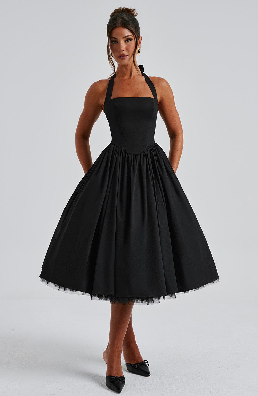 Chloe | Halter Tie Back Structured Bodice Voluminous Midi Wedding Guest Dress