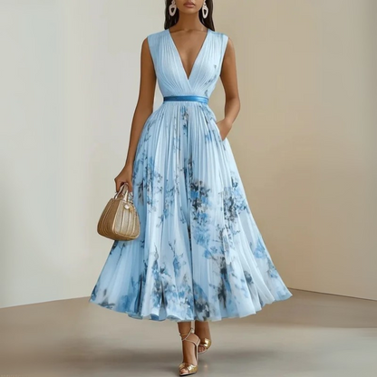 Aurora | Sleeveless Deep V Neck Floral Pleated Maxi Elegant Wedding Guest Dress