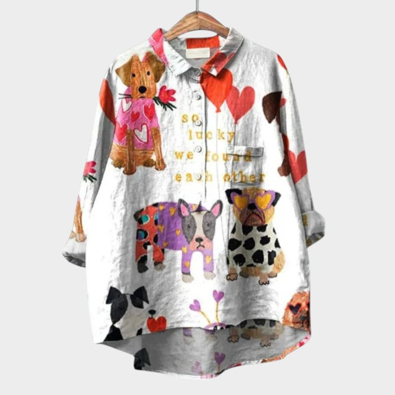 Milla | Long Sleeve Dog Print Collared Button Down Relaxed Blouse