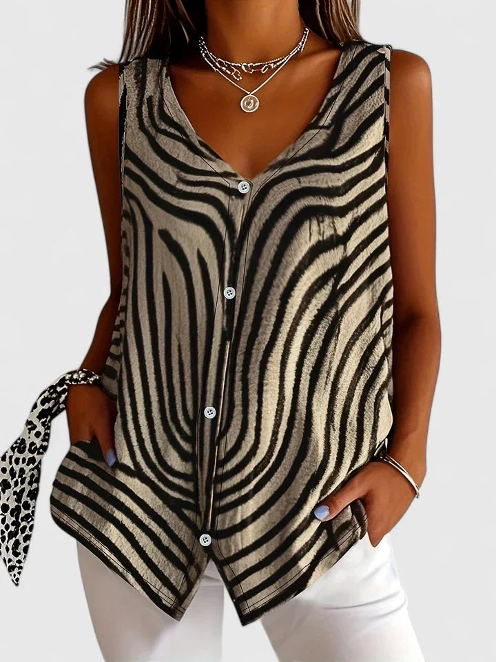 Meliyrah | Sleeveless Zebra Print V Neck Button Down Relaxed Blouse