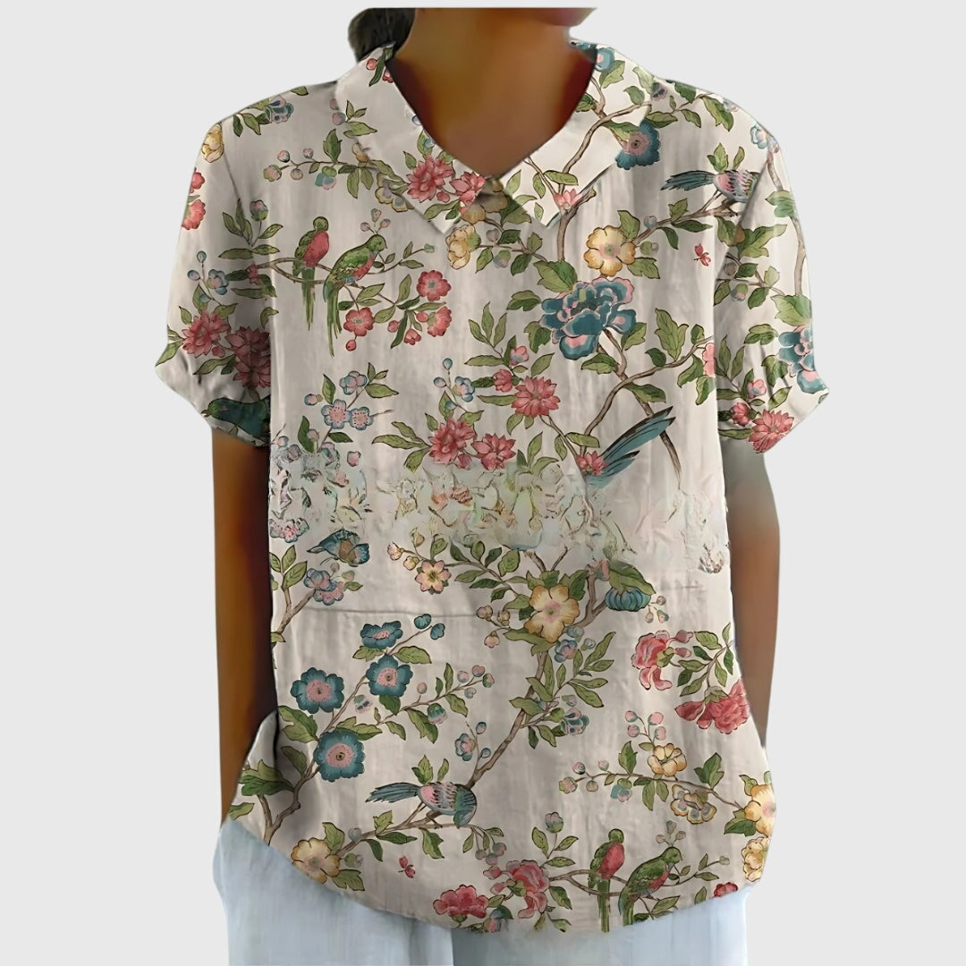 Jenna | Short Sleeve Floral Print Collared Relaxed Linen Blouse