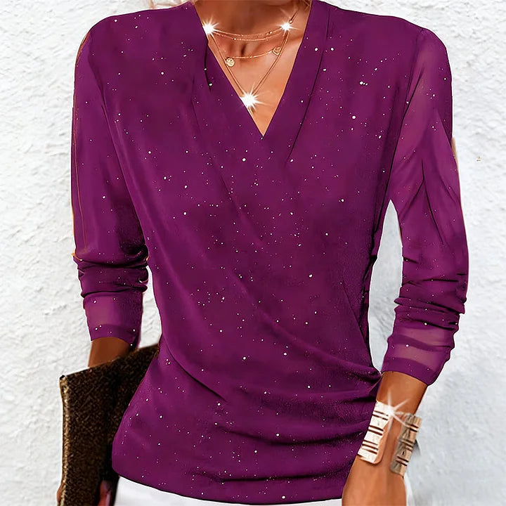 Maribel | Women's Elegant Draped Sparkle V Neck Blouse