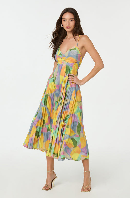 Serena | Floral Print V Neck Cross Tie Back Pleated Elegant Midi Dress