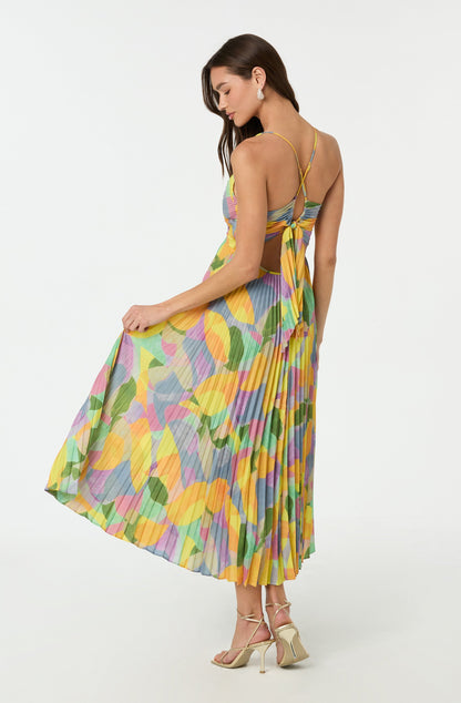 Serena | Floral Print V Neck Cross Tie Back Pleated Elegant Midi Dress