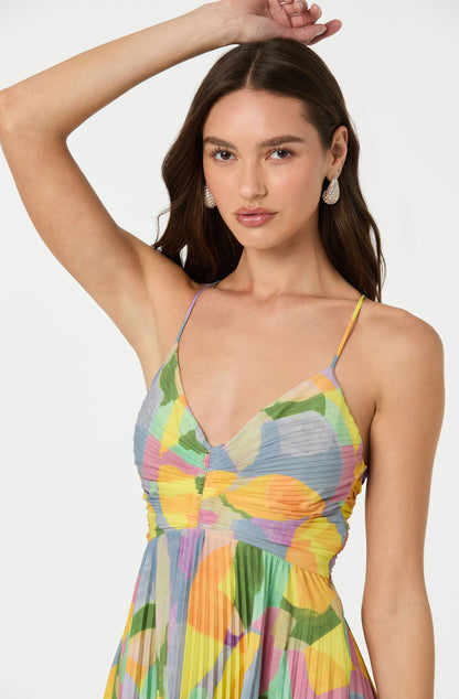 Serena | Floral Print V Neck Cross Tie Back Pleated Elegant Midi Dress