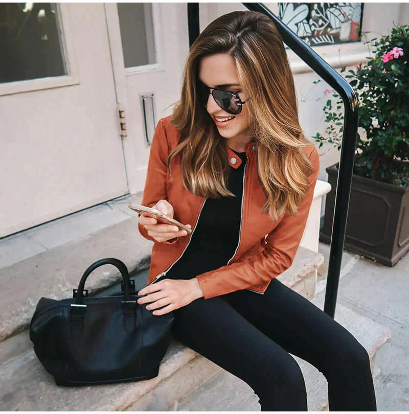 Larkin | Women's Leather Look Biker Zip Jacket