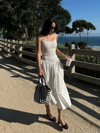 Jade | Shirred Bodice Spaghetti Strap Cotton Midi Dress