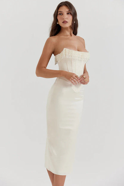 Bella | Strapless Pearl Detail Corset Bodice Maxi Wedding Guest Dress