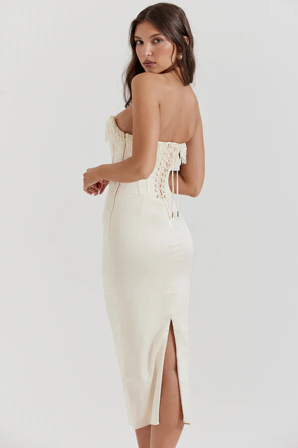 Bella | Strapless Pearl Detail Corset Bodice Maxi Wedding Guest Dress