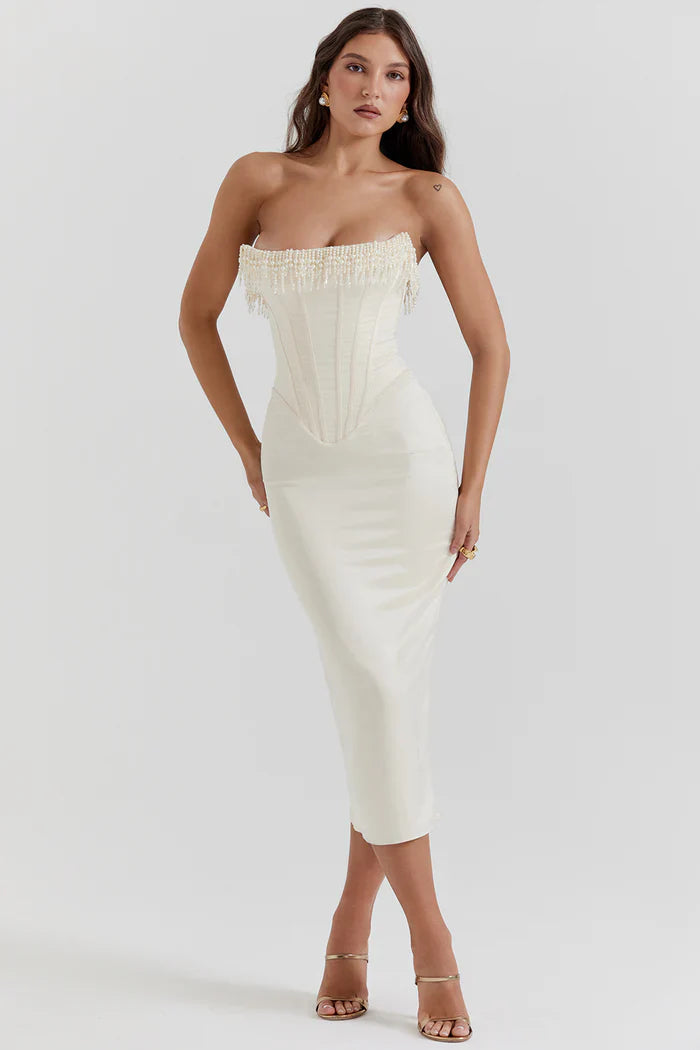 Bella | Strapless Pearl Detail Corset Bodice Maxi Wedding Guest Dress