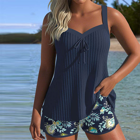 Cassandra | Tankini Set Floral Shorts Ribbed Drawstring Front