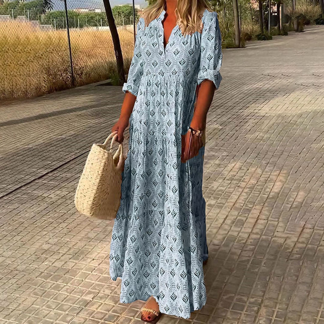Sage | V Neck Roll Up Sleeve Boho Print Relaxed Maxi Dress