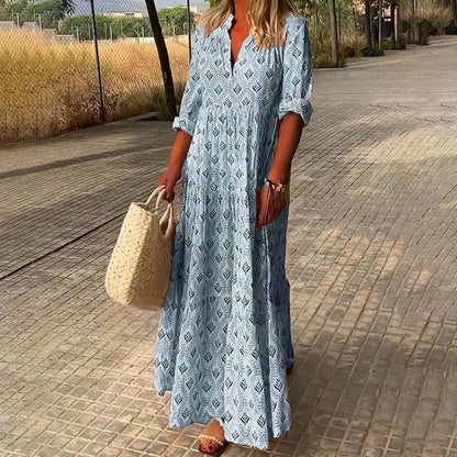 Sage | V Neck Roll Up Sleeve Boho Print Relaxed Maxi Dress