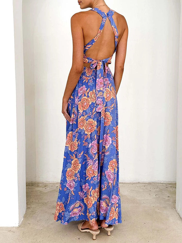 Marlowe | Women's Floral Halter Neck Boho Maxi Dress
