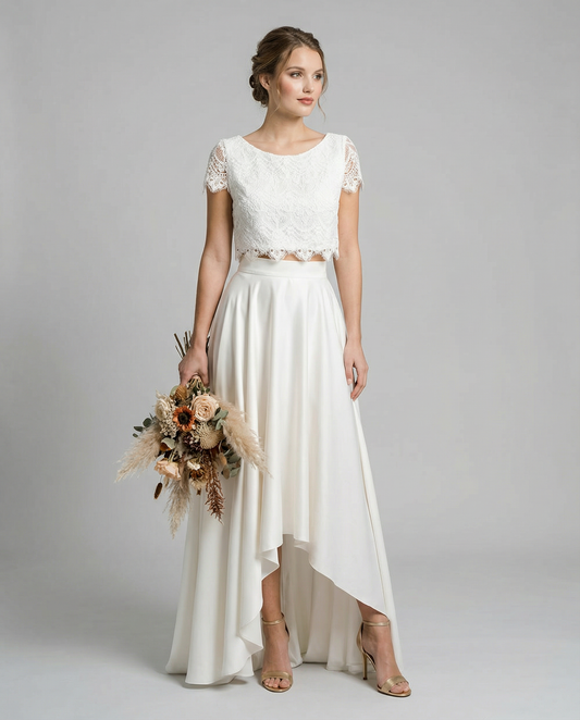 Serena | Two Piece Lace Crop Top High Low Flowing Boho Wedding Guest Dress