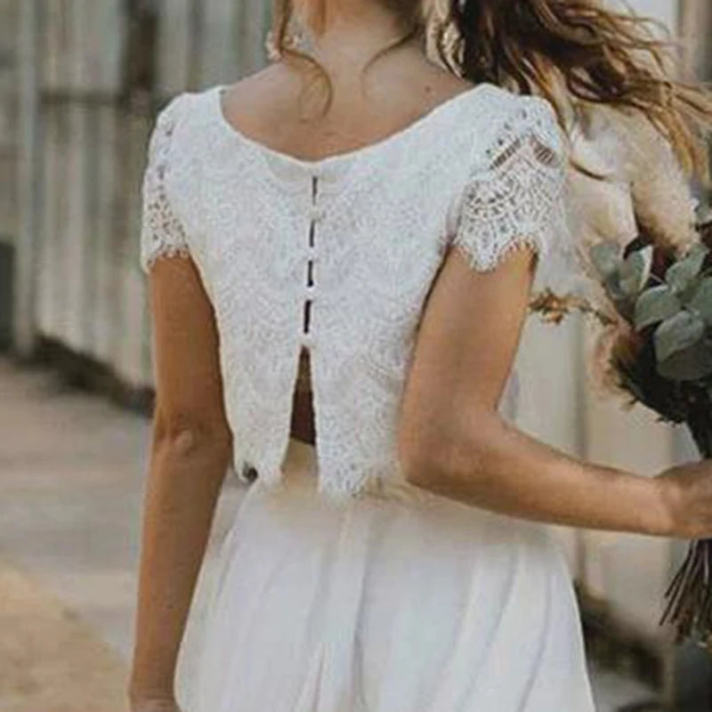 Serena | Two Piece Lace Crop Top High Low Flowing Boho Wedding Guest Dress