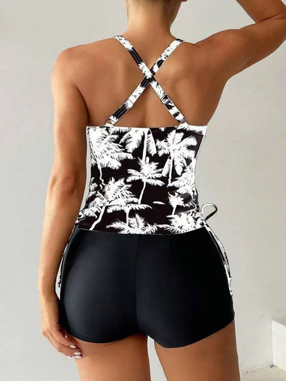 Camila | Women's Tankini Set Tropical Palm Print Cross Back Boyshorts
