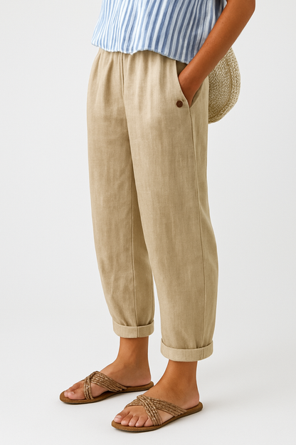 Emma | Elastic Waist Relaxed Tapered Cuffed Linen Blend Casual Pants
