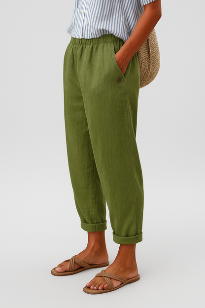 Emma | Elastic Waist Relaxed Tapered Cuffed Linen Blend Casual Pants