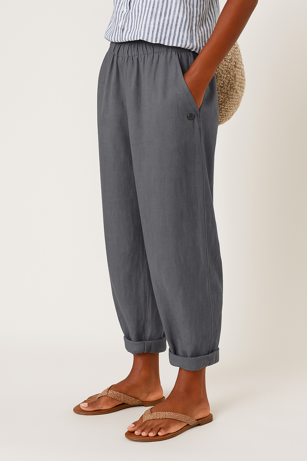 Emma | Elastic Waist Relaxed Tapered Cuffed Linen Blend Casual Pants