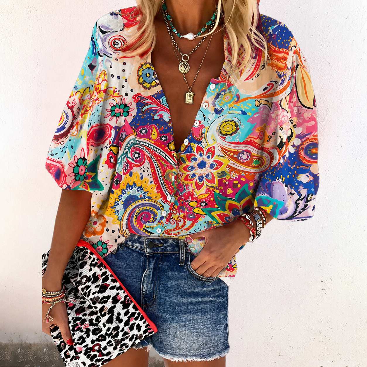 Isla | Floral Boho Print V Neck Button Down Long Sleeve Blouse