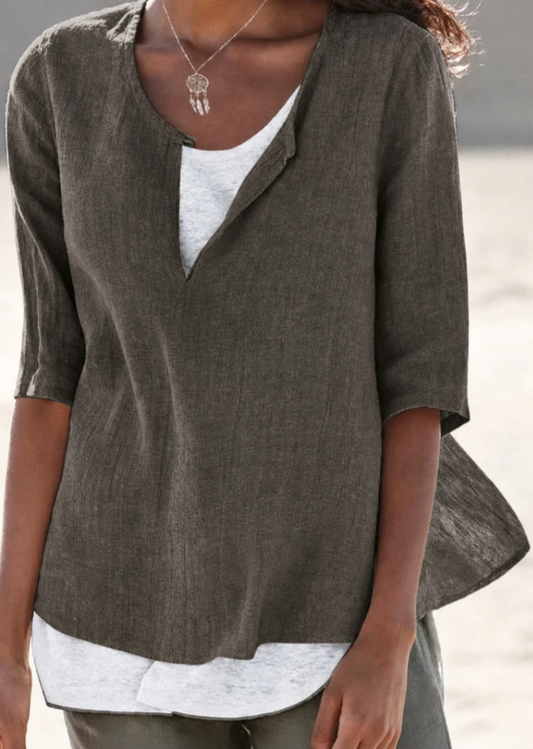 Maya | Linen Blend Split Neck 3/4 Sleeve Layered Hem Casual Top