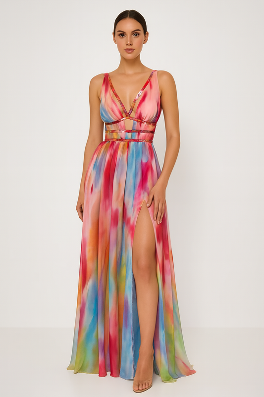 Adrienne | Cut Out Deep V Neck Flowing Chiffon Maxi Wedding Guest Dress