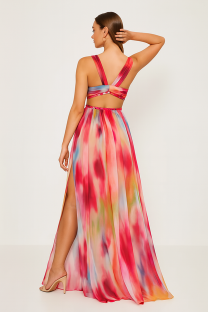 Adrienne | Cut Out Deep V Neck Flowing Chiffon Maxi Wedding Guest Dress