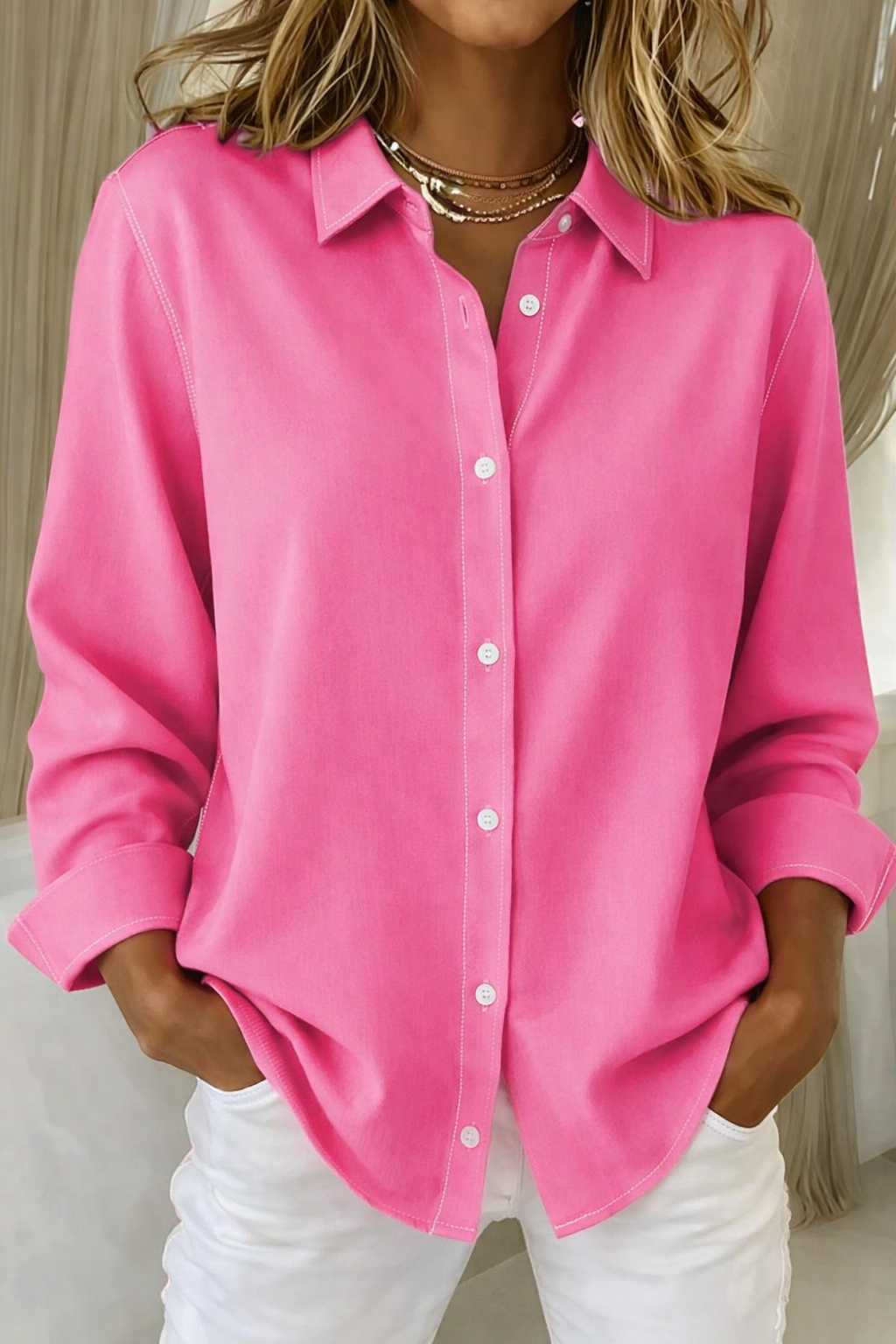 Sienna | Lapel Collar Long Sleeve Oversized Button Down Casual Blouse