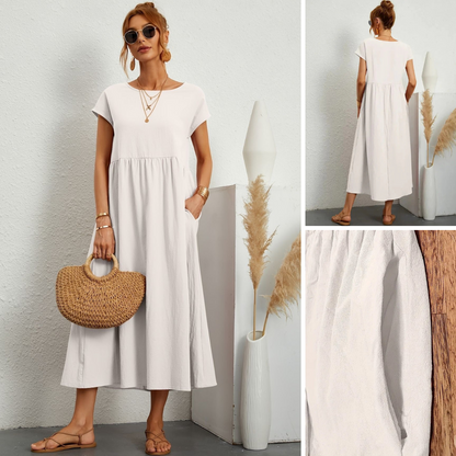 Sage | Short Sleeve Round Neck Gathered Waist Relaxed Maxi Dress