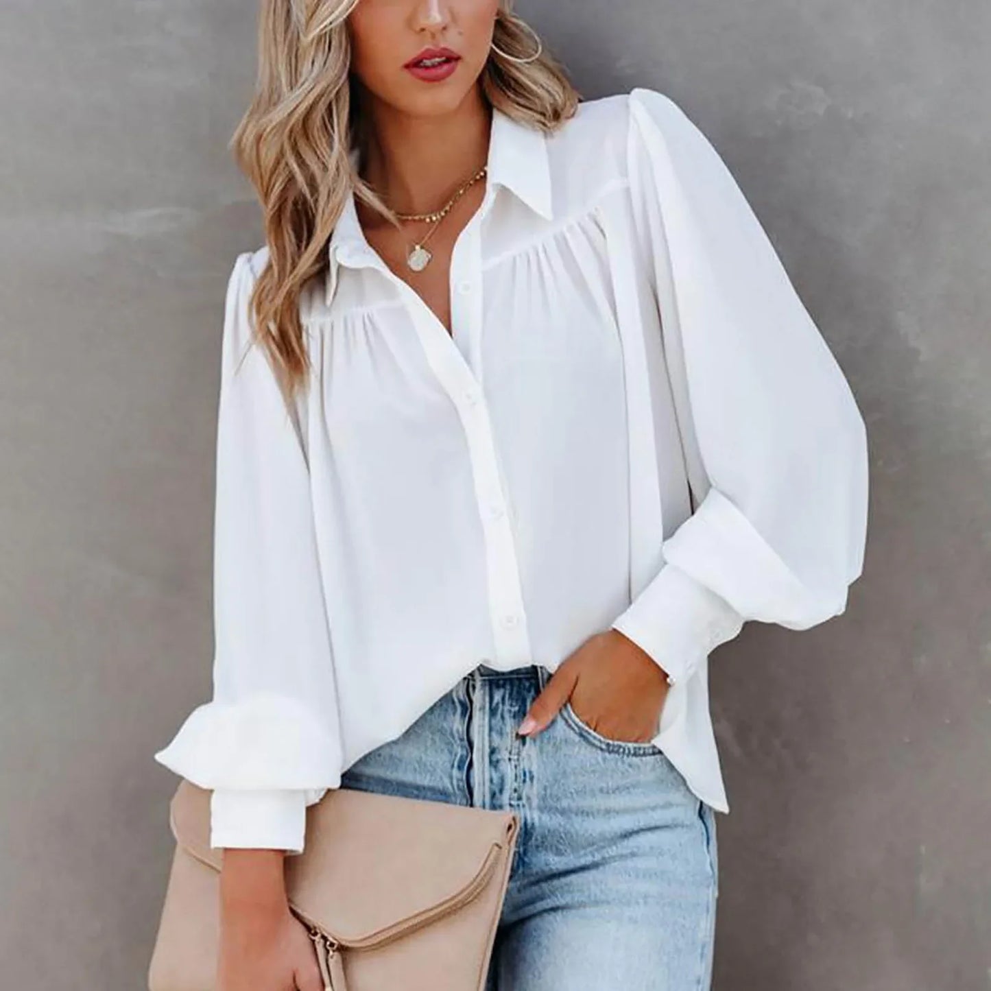 Monroe | Balloon Sleeve Gathered Yoke Lapel Collar Elegant Blouse