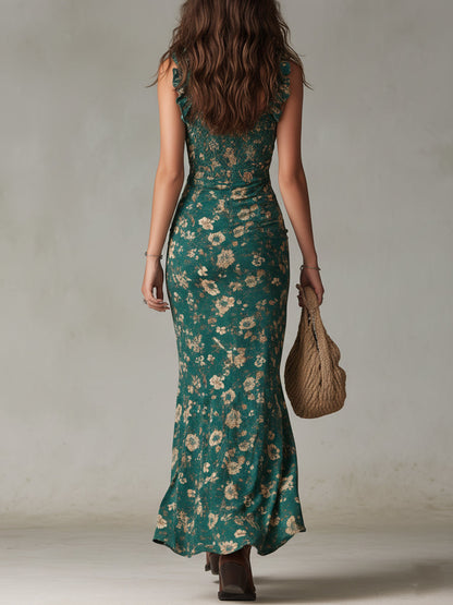 Elena | Women's Boho Floral Maxi Dress Smocked Ruffle Strap High Slit