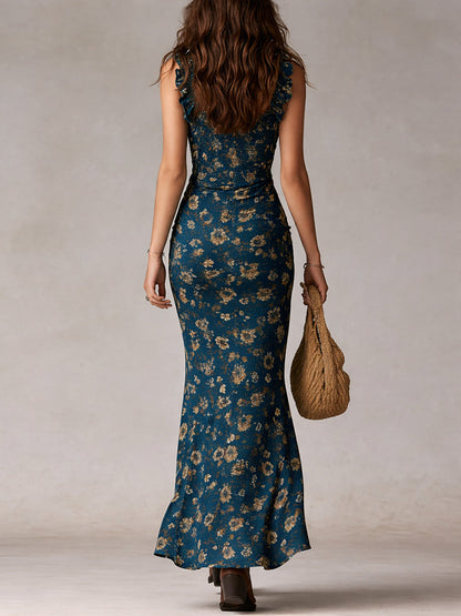 Elena | Women's Boho Floral Maxi Dress Smocked Ruffle Strap High Slit