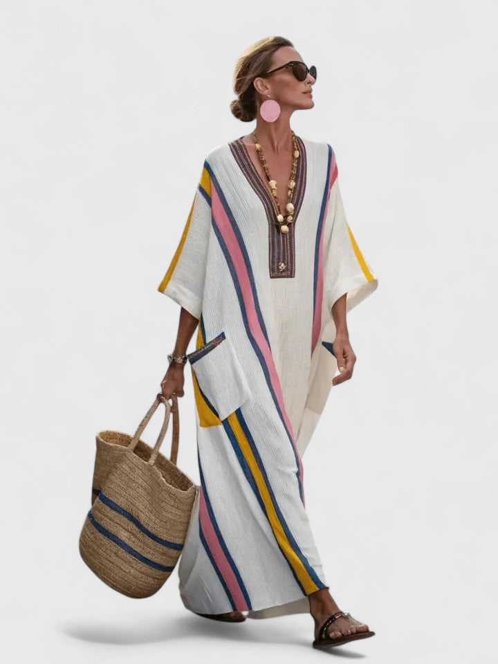 Savannah | Women's Boho Maxi Dress Linen Blend V Neck Stripe Kaftan