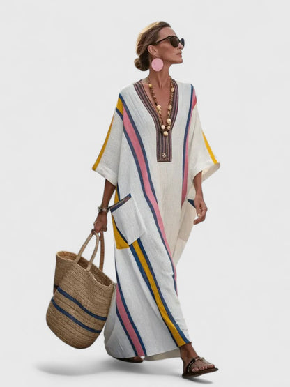 Savannah | Women's Boho Maxi Dress Linen Blend V Neck Stripe Kaftan