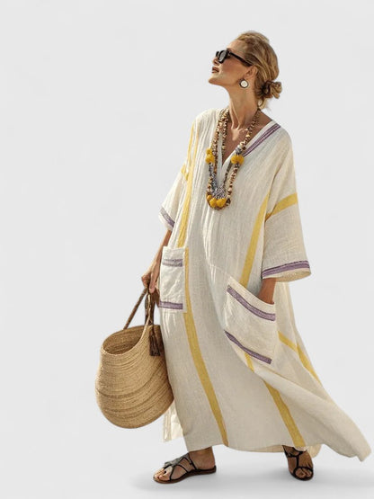 Savannah | Women's Boho Maxi Dress Linen Blend V Neck Stripe Kaftan