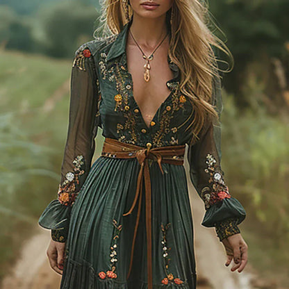 Willow | Long Sleeve Floral Embroidered V Neck Flowing Boho Maxi Dress