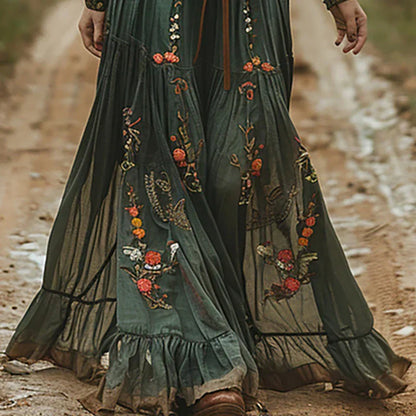 Willow | Long Sleeve Floral Embroidered V Neck Flowing Boho Maxi Dress
