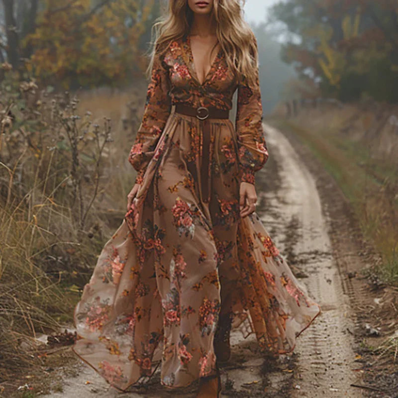 Willow | Long Sleeve Floral Embroidered V Neck Flowing Boho Maxi Dress