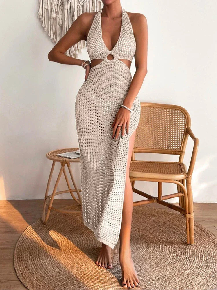 Cali | Halter Neck Crochet Knit Cutout Side Split Maxi Beach Dress