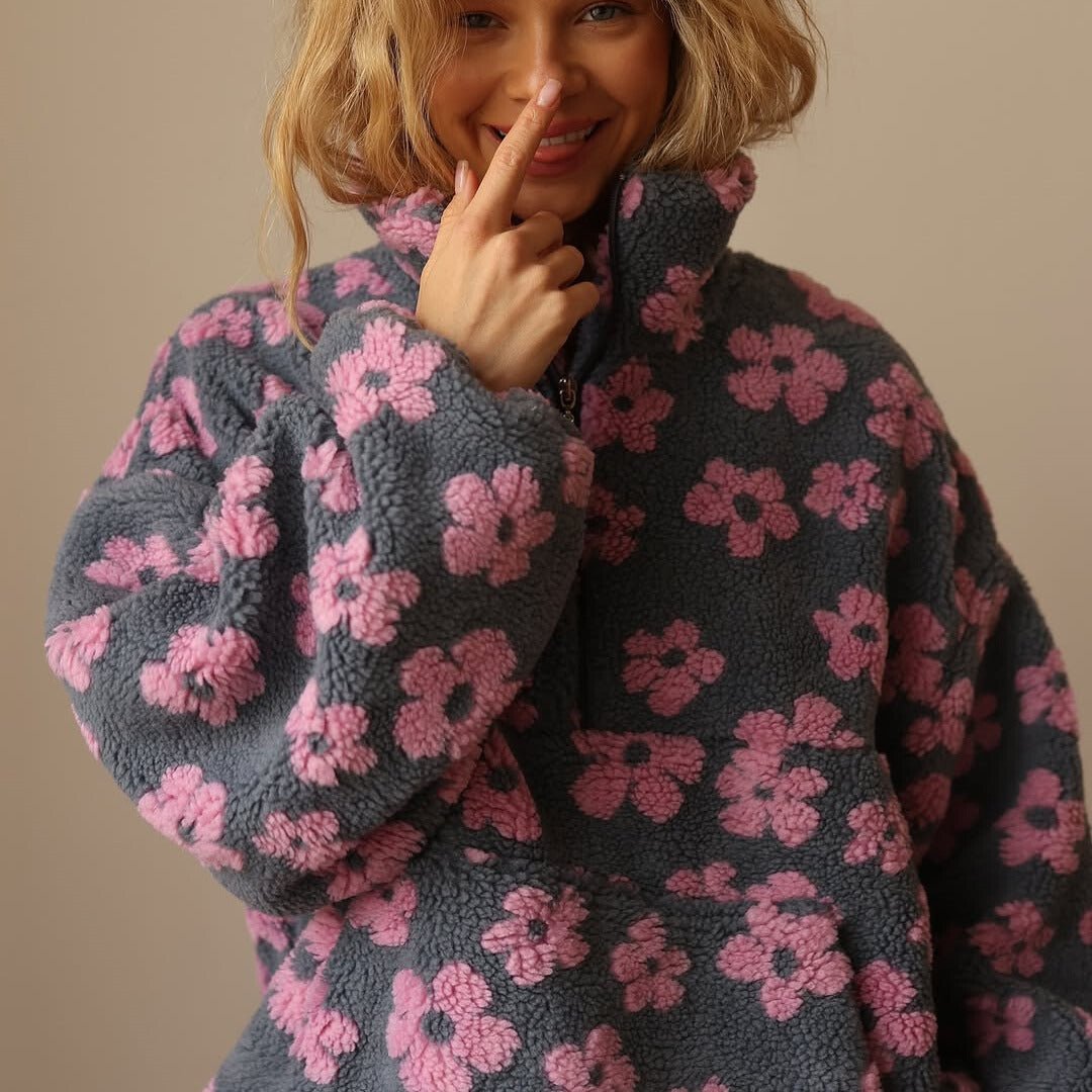 Petra | Women's Oversized Floral Teddy Fleece Half Zip Jacket