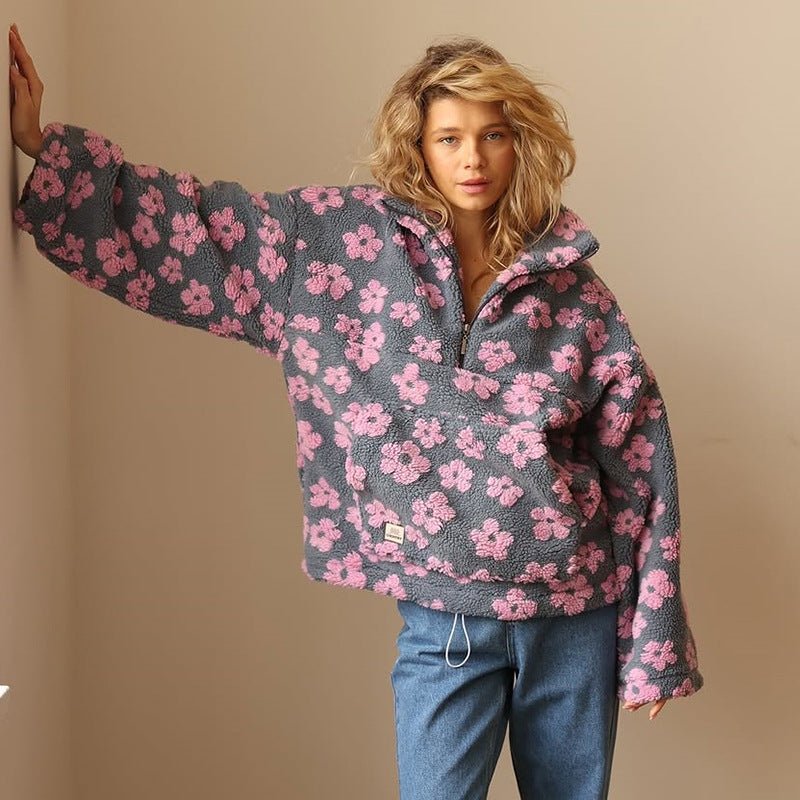 Petra | Women's Oversized Floral Teddy Fleece Half Zip Jacket