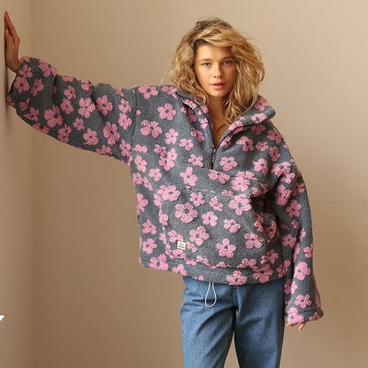 Petra | Women's Oversized Floral Teddy Fleece Half Zip Jacket