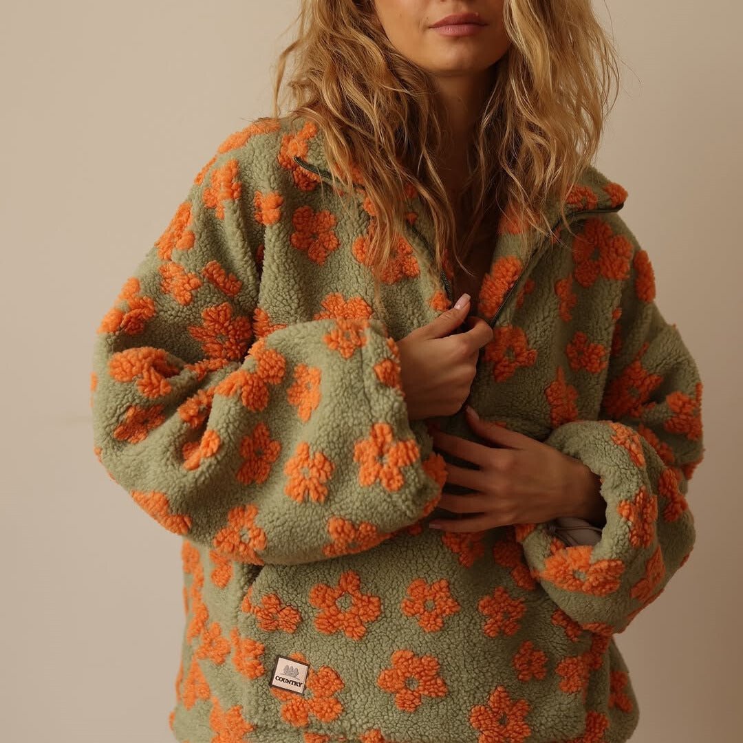 Petra | Women's Oversized Floral Teddy Fleece Half Zip Jacket