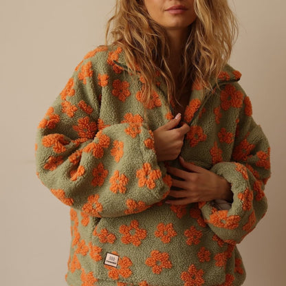 Petra | Women's Oversized Floral Teddy Fleece Half Zip Jacket
